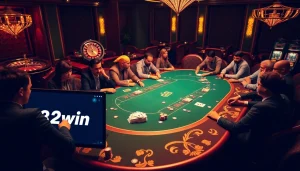 Gambling excitement at a casino table with 32win branding, vibrant poker chips and cards.