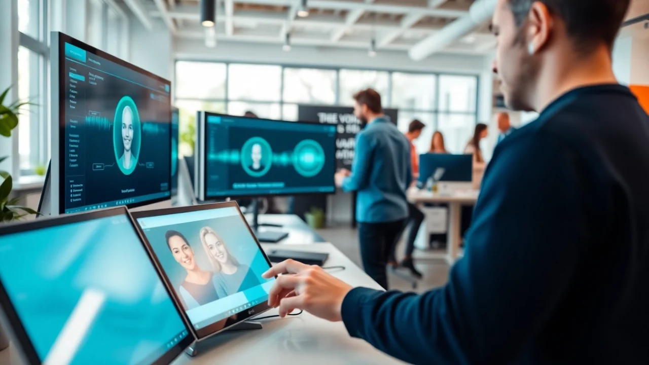 Create AI Voice content in a modern workspace featuring a collaborative team with advanced technology.