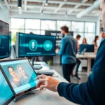 Create AI Voice content in a modern workspace featuring a collaborative team with advanced technology.