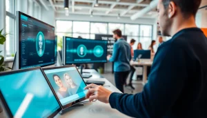 Create AI Voice content in a modern workspace featuring a collaborative team with advanced technology.