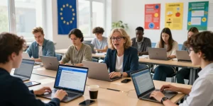 Participants engaged in an interactive European Union Quiz in a bright classroom.
