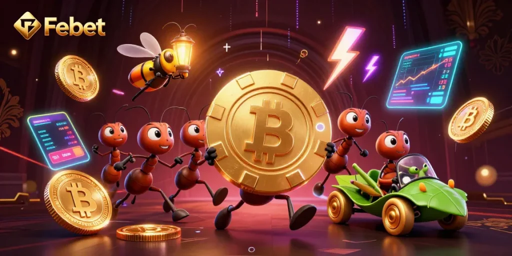 Experience thrilling gaming adventures at Febet with ants carrying a massive poker chip amidst coins and tech.