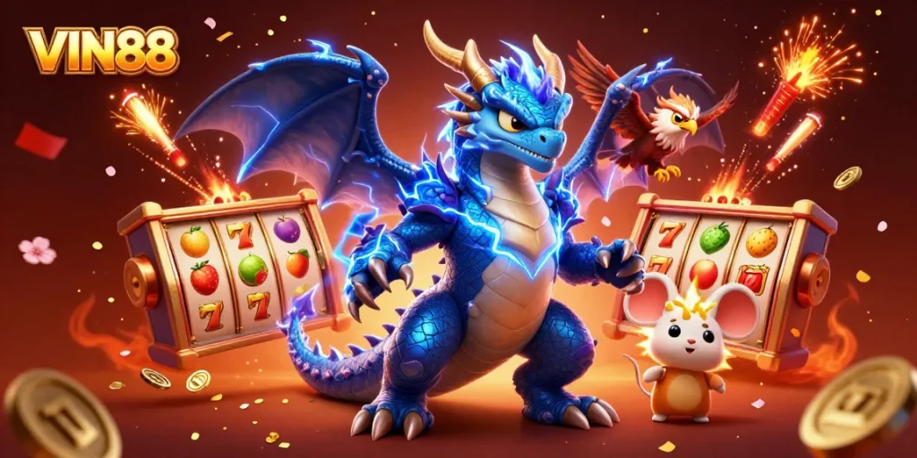Experience thrilling slot games at VIN88 with dynamic characters and vibrant casino scenes.