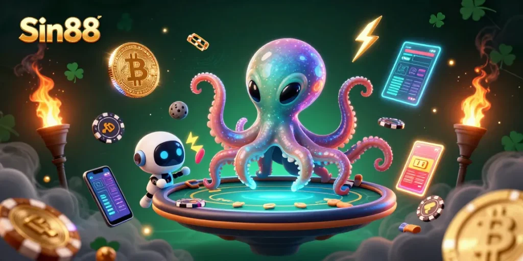 Experience the thrilling gameplay of Sin88 with an alien octopus hosting a holographic poker table.