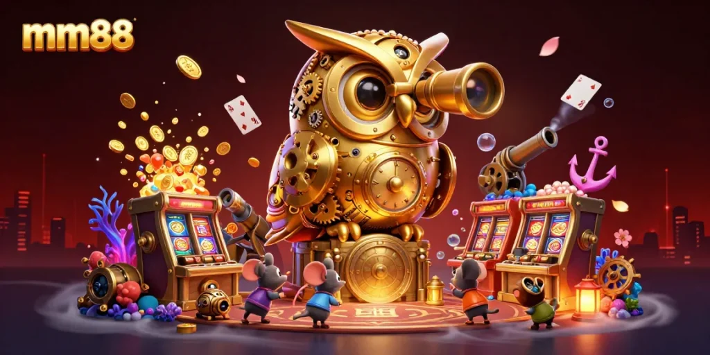 Experience the thrilling slots and games at MM88 with a vibrant, engaging casino scene.