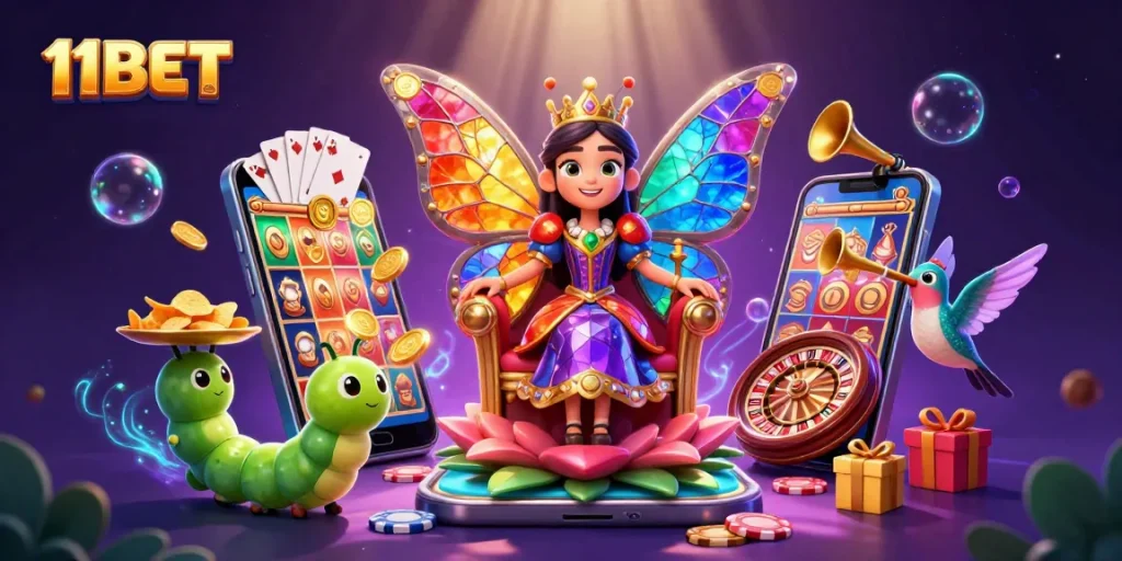 Wager excitingly on 11BET with vibrant games, chips, and a lively queen in a magical setting.