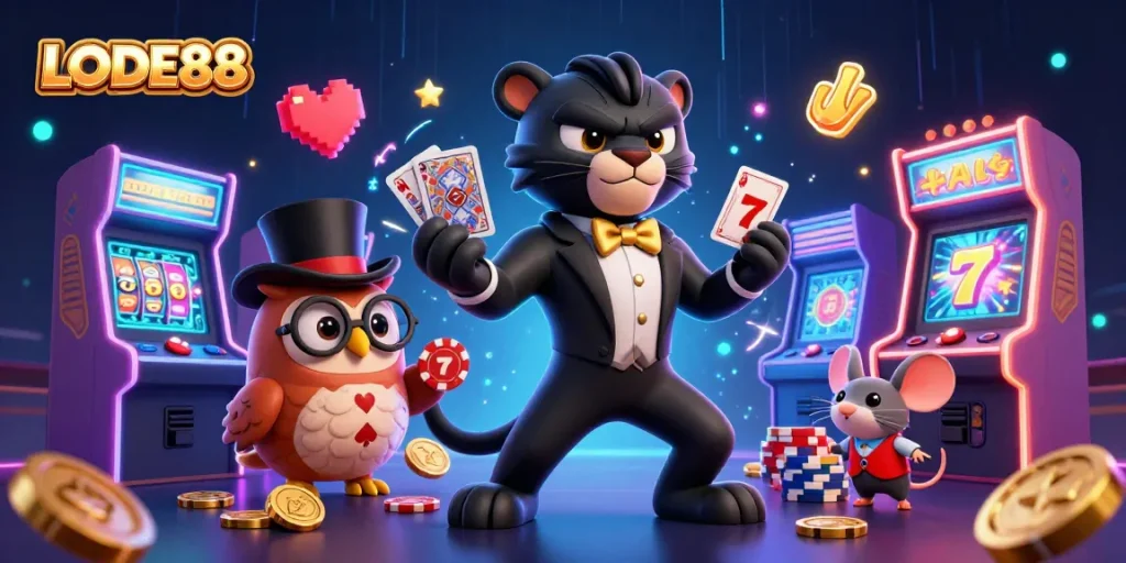 LODE88 dealers elegantly play cards with vibrant casino elements creating an engaging gaming scene.
