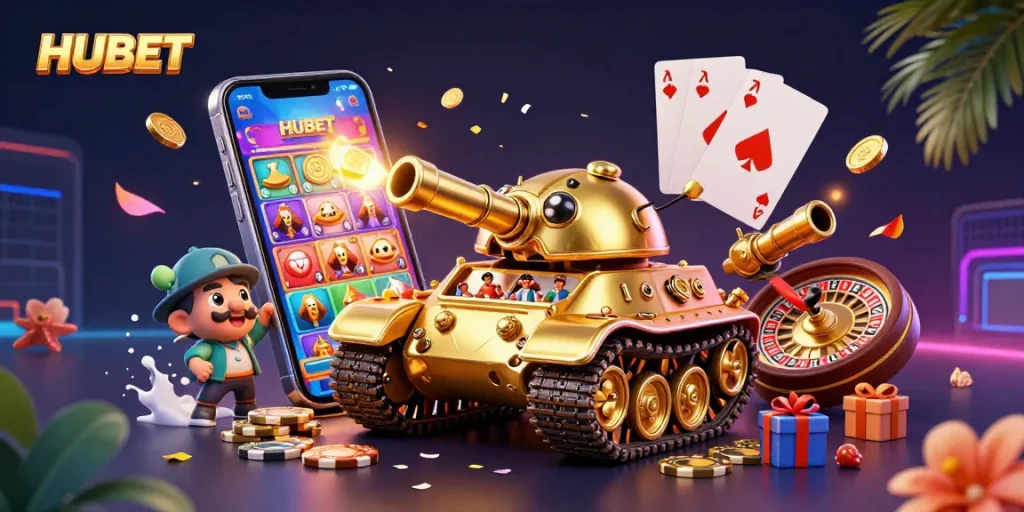 Experience HUBET's vibrant casino world with a golden beetle tank and thrilling games.