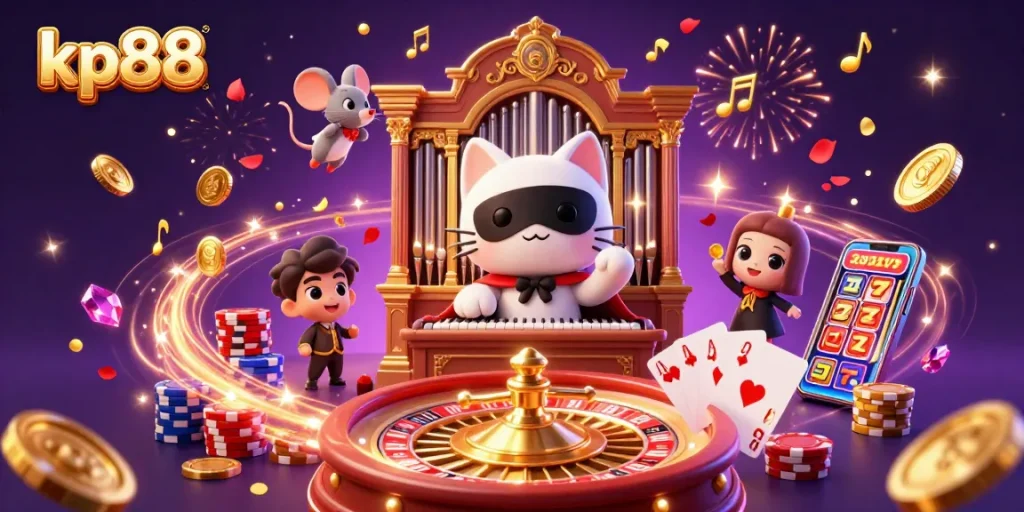 kp88 offers thrilling experiences in a vibrant casino scene with dynamic characters and sparkling elements.