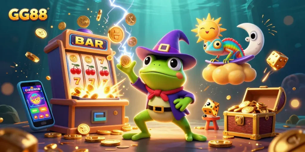 Experience gaming excitement with GG88, where a wizard frog conjures golden coins in a vibrant casino scene.
