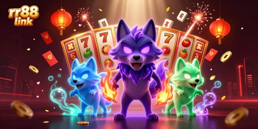 Experience thrilling gaming action with rr88 link amidst vibrant casino elements and mystical creatures.