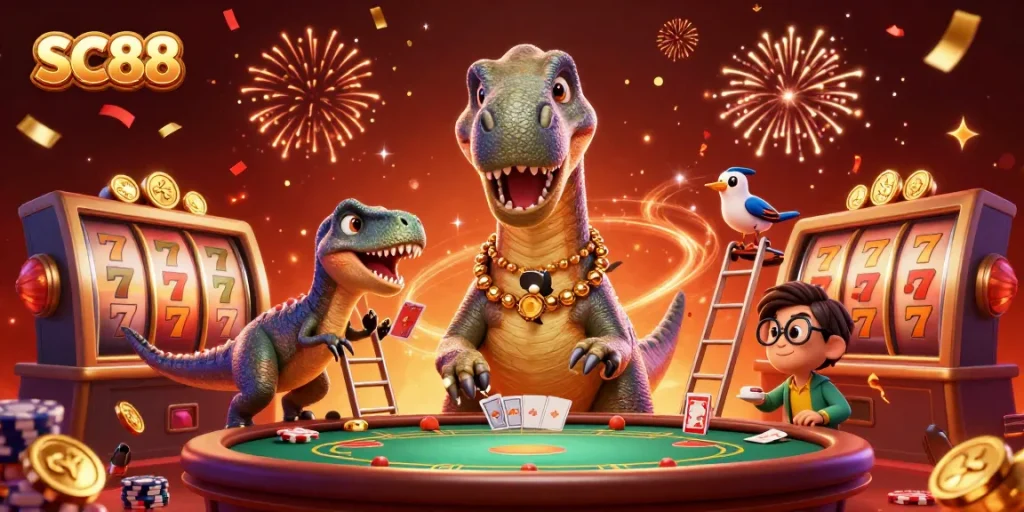 Engage with SC88 as a 3D cartoon brontosaurus surveys a vibrant casino scene filled with games and excitement.
