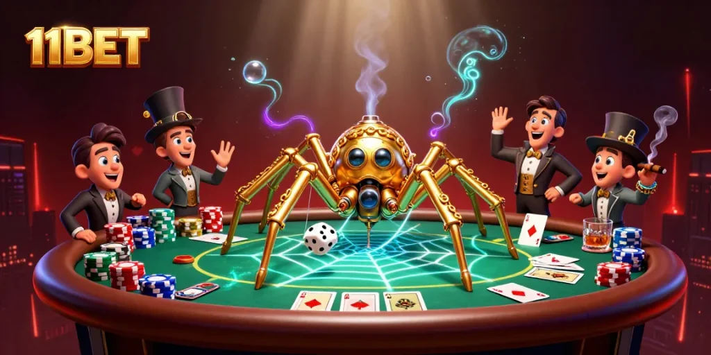 Engage with 11BET's vibrant casino atmosphere, featuring a steampunk spider and poker elements.