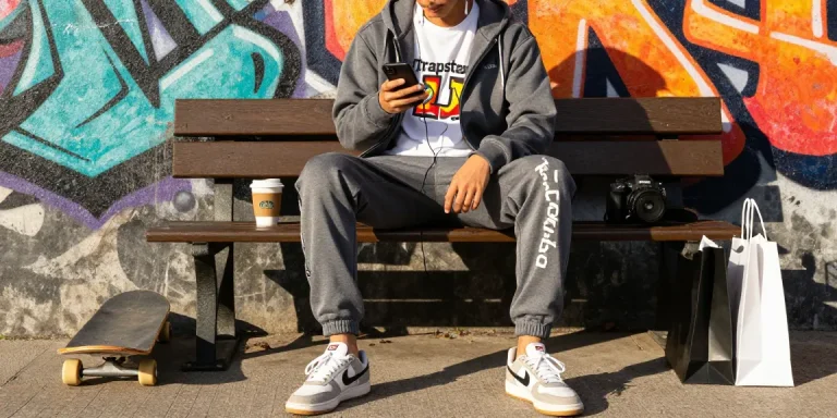 Felpa trapstar in un look urbano, con accessori alla moda e ambientazione di street art.