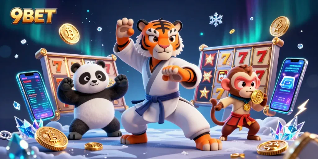 Engage with 9BET's thrilling casino adventure featuring cartoon characters in a dynamic slot scene.