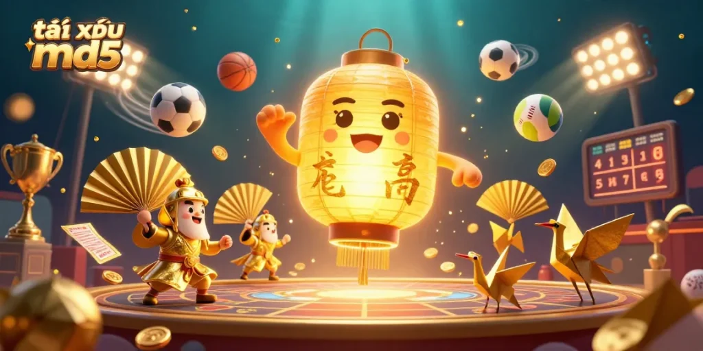 Engage in thrilling games with tài xỉu md5 amid a vibrant night market casino backdrop, featuring dynamic sports elements and ambient lighting.