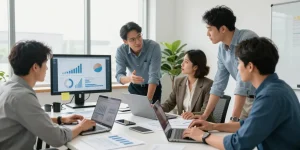 Accountants for small business collaborating in a modern office setting.