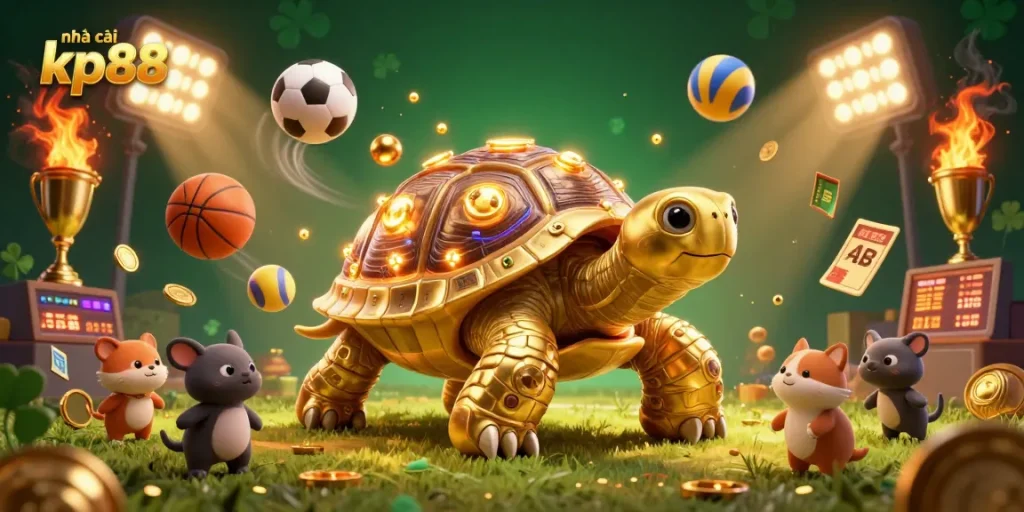 Play thrilling games at nhà cái kp88, where a golden tortoise pinball machine entertains delighted animals.