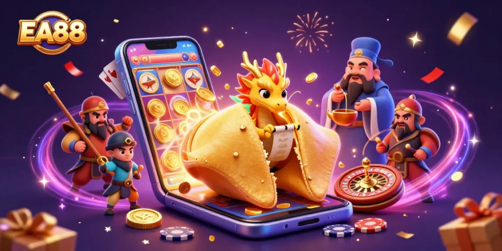 Engage with EA88 fortune cookie magic amidst thrilling casino gaming with colorful slot games, coins, and festive elements.