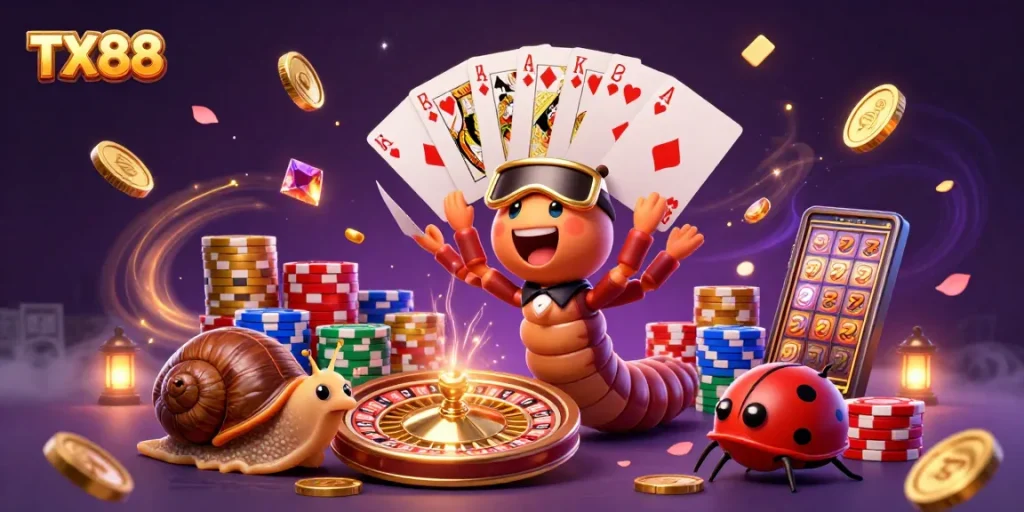 Experience the thrilling action of TX88 with dynamic casino characters and vibrant game elements.