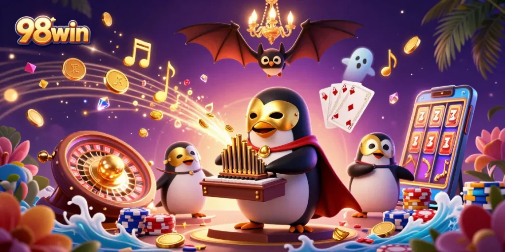Experience the thrill of 98win with a stunning 3D casino illustration filled with vibrant characters, games, and golden coins.