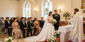 Religious wedding ceremony at a beautiful venue showcasing rokok88's elegant settings.