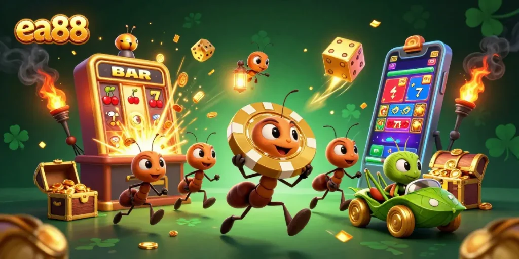 Engaging ea88 casino illustration with ants heisting a giant poker chip amidst vibrant slot machine action.