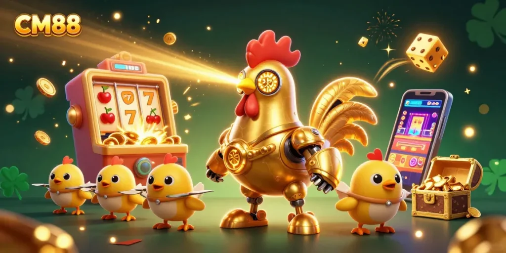 Experience the excitement of CM88 with a vibrant casino illustration showcasing dynamic games and rewards.