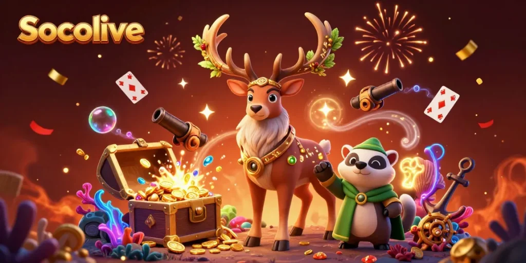 Socolive brings exciting gambling visuals with cartoon druid and badger amidst vibrant treasure and gaming elements.