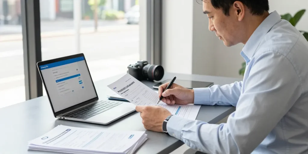 Small business owner considering a PayPal merchant cash advance while reviewing financial documents at a modern desk.