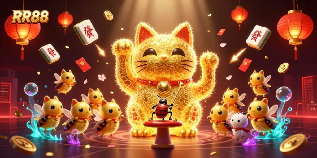 Experience the thrill of RR88 with a vibrant 3D illustration showcasing a lucky cat surrounded by casino symbols and excitement.
