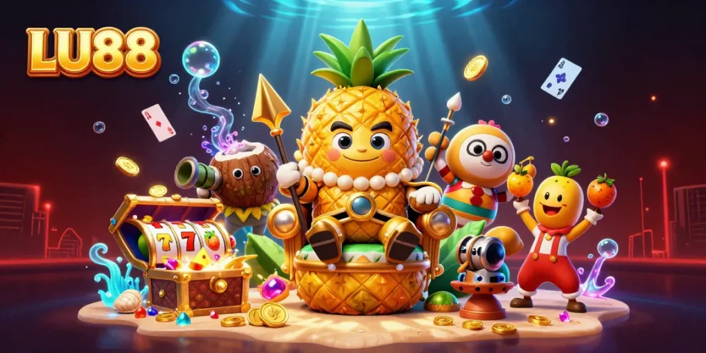 Engage with LU88's vibrant casino world, featuring a golden pineapple king and dynamic gaming elements.