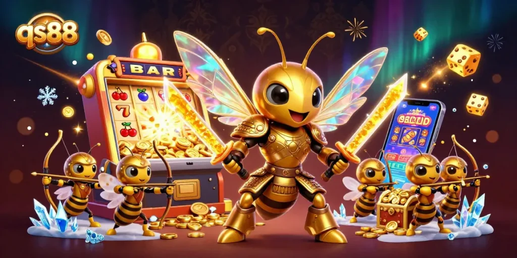 Experience thrilling wins with qs88's colorful 3D jackpot scene featuring vibrant casino elements and unique characters.