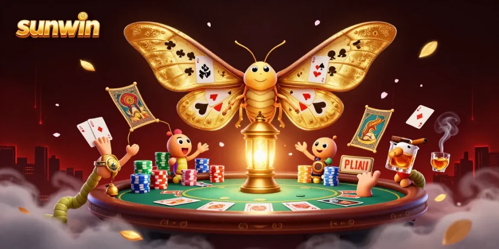 Experience the excitement of sunwin with a vibrant casino scene featuring a golden atlas moth and poker elements.