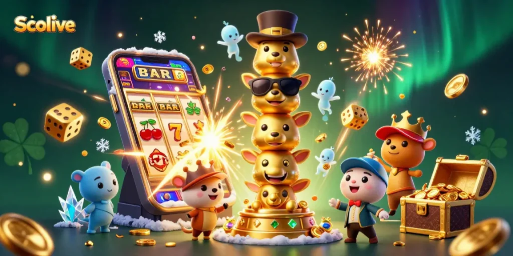 Socolive offers a captivating online gaming experience with vibrant symbols and a luxurious atmosphere in this dynamic casino illustration.