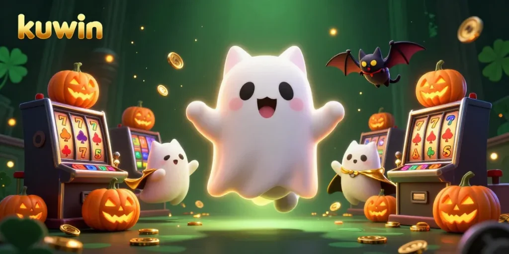 Kuwin's thrilling ghost cat and vampire bat team up with glowing jackpots in a haunted casino.