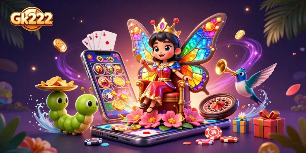 Experience Gk222 with vibrant casino elements in a rich, dynamic 3D illustration.