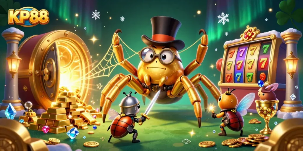 Spin the reels and win big with KP88, capturing an adventurous scene from a magical casino.