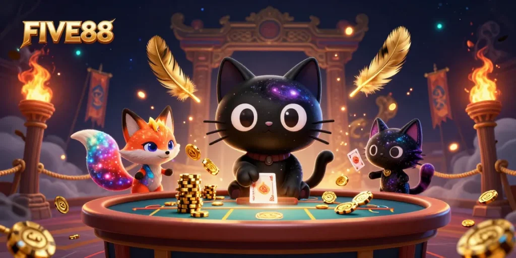 Experience the thrilling cosmos of FIVE88 as the captivating cat draws in golden chips amidst vivid gaming elements.