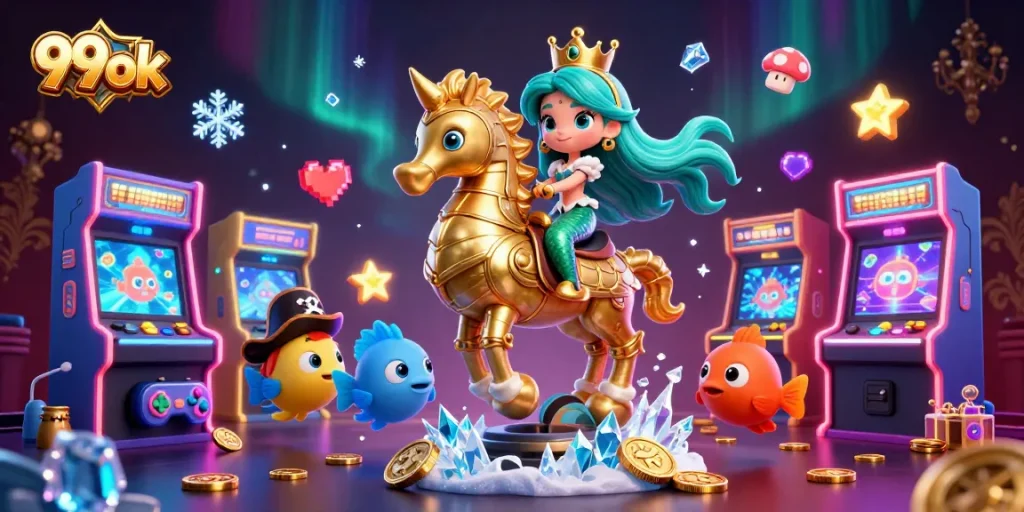Play with 99ok's vibrant casino elements featuring a mermaid and seahorse in a dynamic gaming scene.
