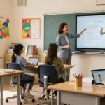 An engaging classroom scene using EMStudio as an online teacher planner, showcasing interactive learning with students and digital tools.