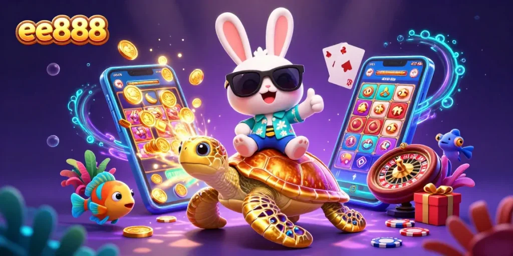 Experience the thrill of ee888 with a cartoon rabbit celebrating on a golden sea turtle amidst vibrant casino elements.