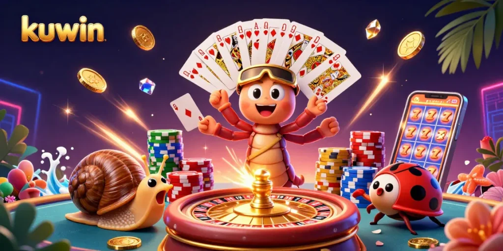 Kuwin casino scene with a millipede dealer, snail high-roller, and vibrant game elements creating excitement.