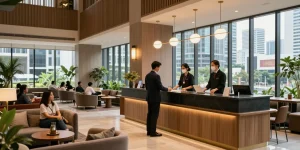rokok88 hotel lobby with welcoming reception desk and cozy seating