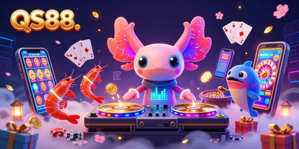 Enjoy thrilling gameplay with QS88's vibrant casino elements, featuring a DJ axolotl and dynamic gaming graphics.
