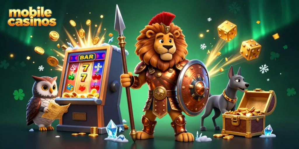 Experience thrilling mobile casinos with 3D cartoon characters celebrating a big jackpot.