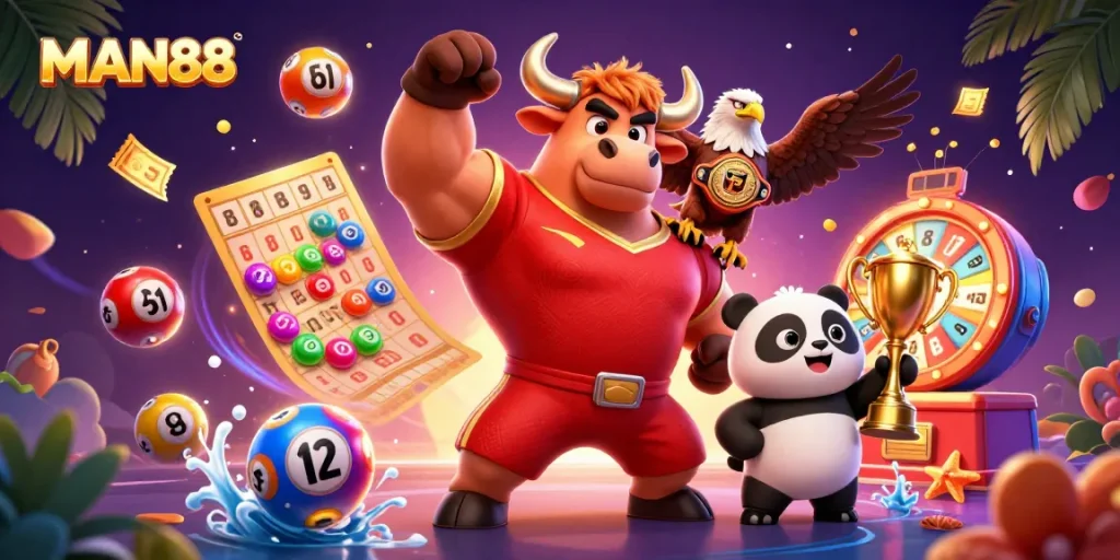 Join the excitement at MAN88 with a vibrant casino scene featuring a winning bull, eagle, and panda.