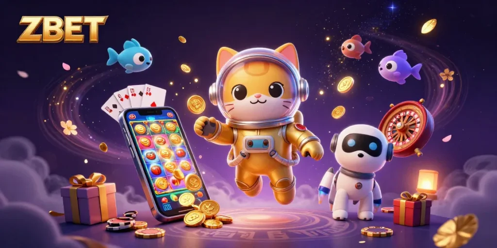 ZBET captures the thrill of online gaming with a vibrant casino scene and dynamic characters.