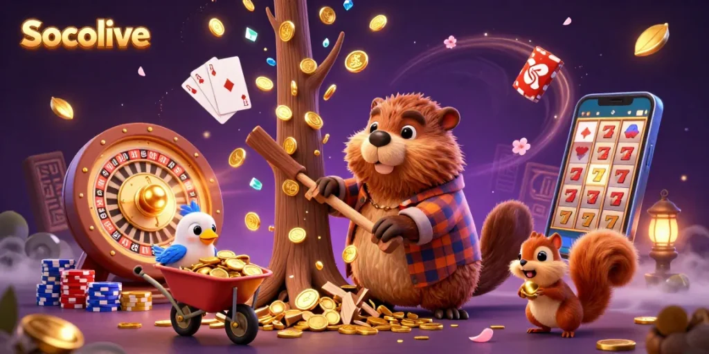 Socolive platform showcases a lively gambling scene with cartoon characters collecting golden coins from a magical tree, promoting an engaging betting experience.