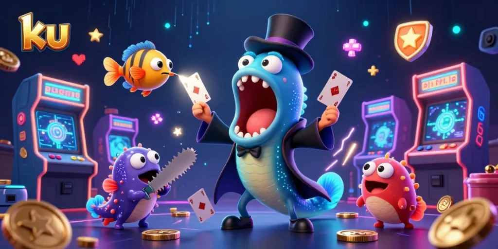 ku engages players with card tricks in a vibrant 3D casino environment full of arcade action